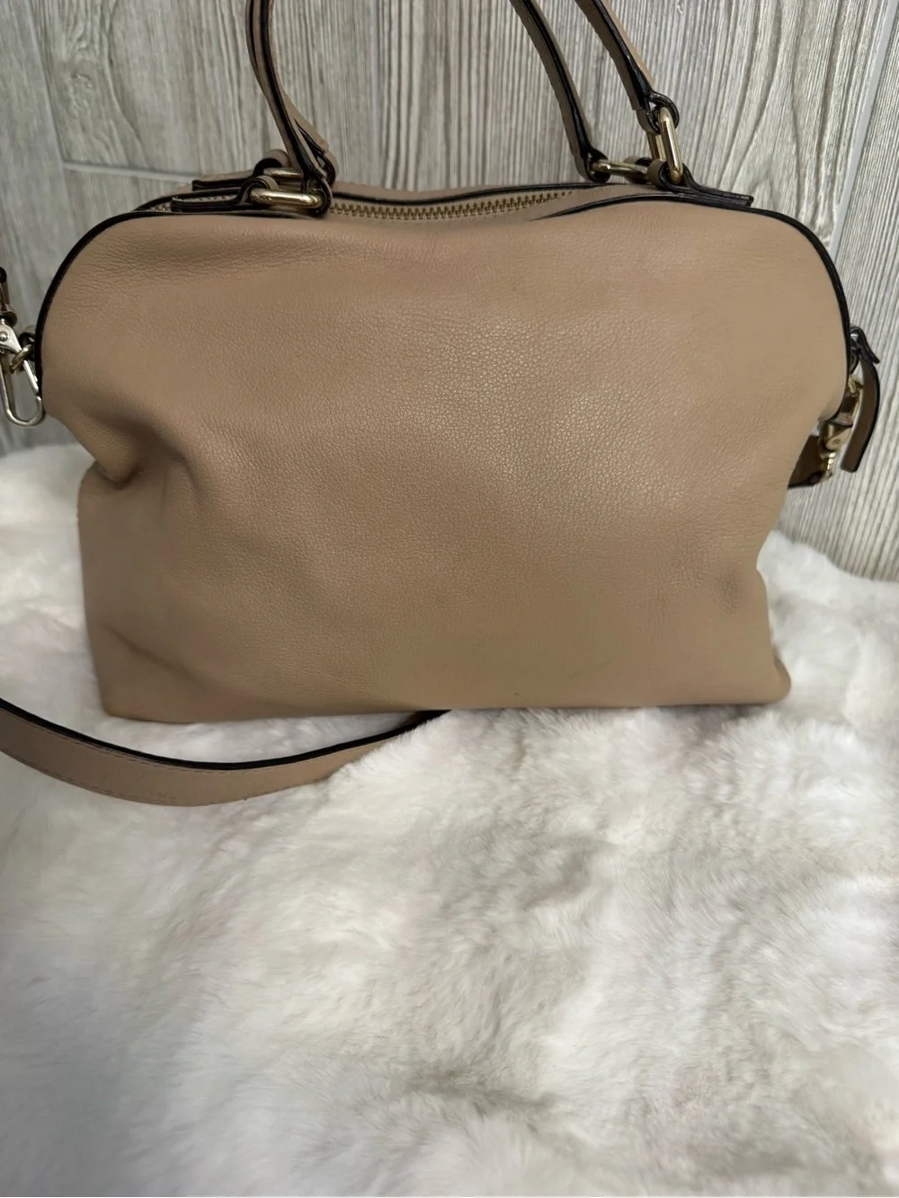 kate spade taupe leather satchel with buckled flap- Allen Street Raquelle